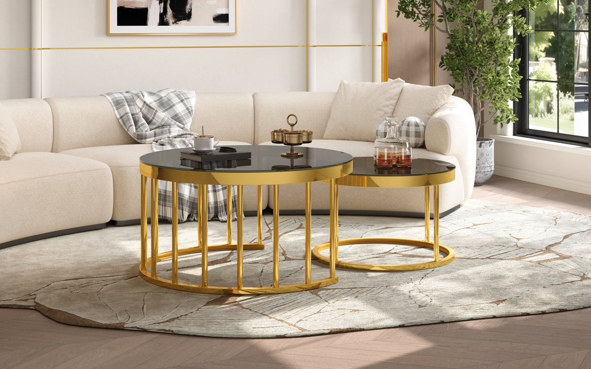 Round Nesting Coffee Table Set of 2, Modern Gold Metal Frame Circular Cocktail Table, Tempered Glass Top Accent Nesting Tables for Living Room, Apartment