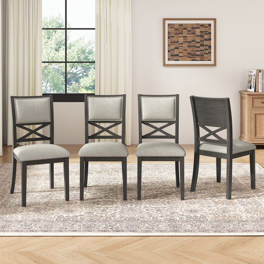 Upholstered Dining Chairs Set of 4, Farmhouse Style Chairs, 3.27" Thick Padded Foam Seat & Ergonomic High Cross Back, Sturdy Rubberwood Legs for Dining Room, Dark Gray + Beige Cushion