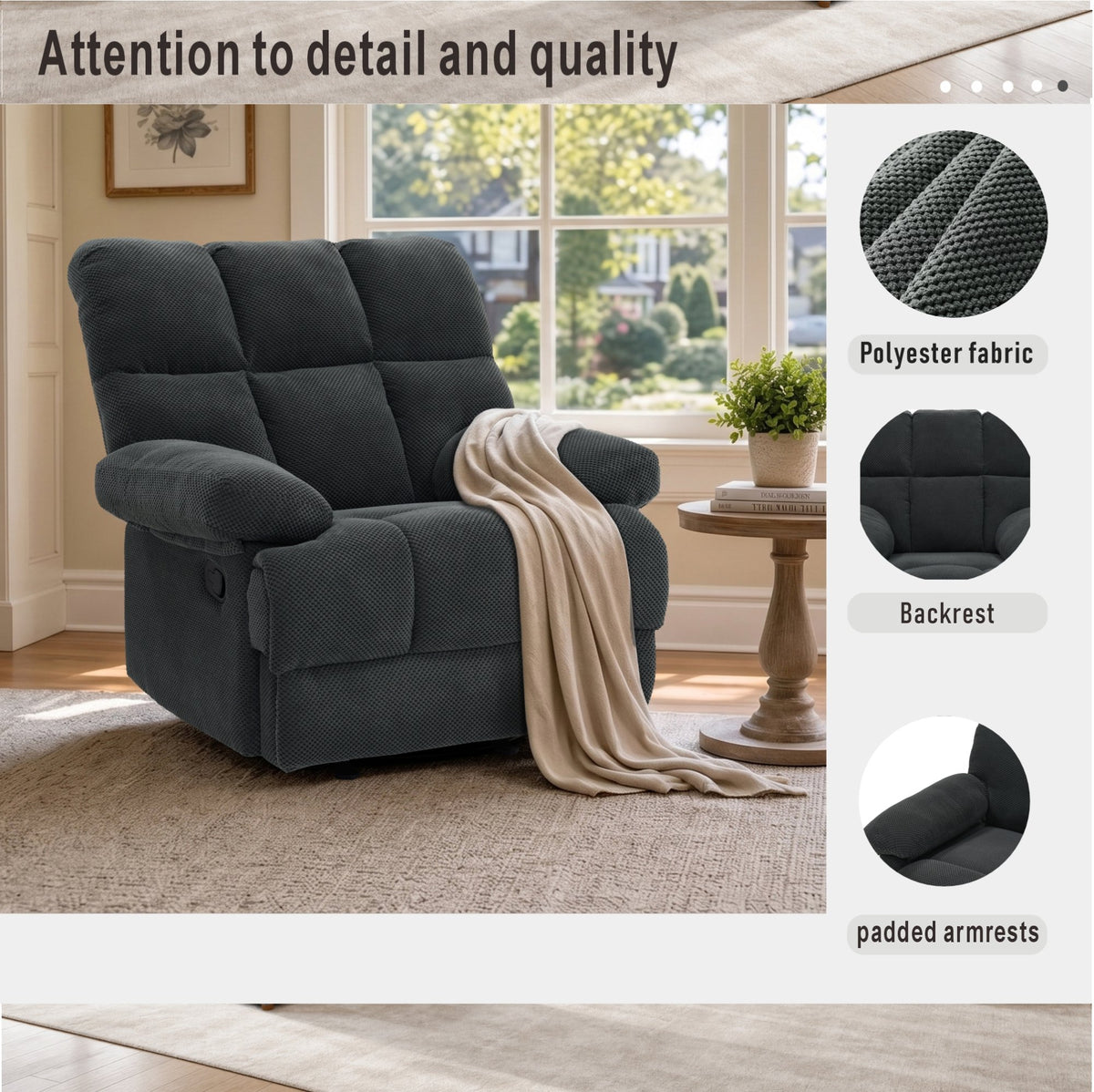 Modern Manual Rocker Recliner Chair with Nubby Upholstery Fabric in Dark Grey, Fabric +Wood and Metal Construction