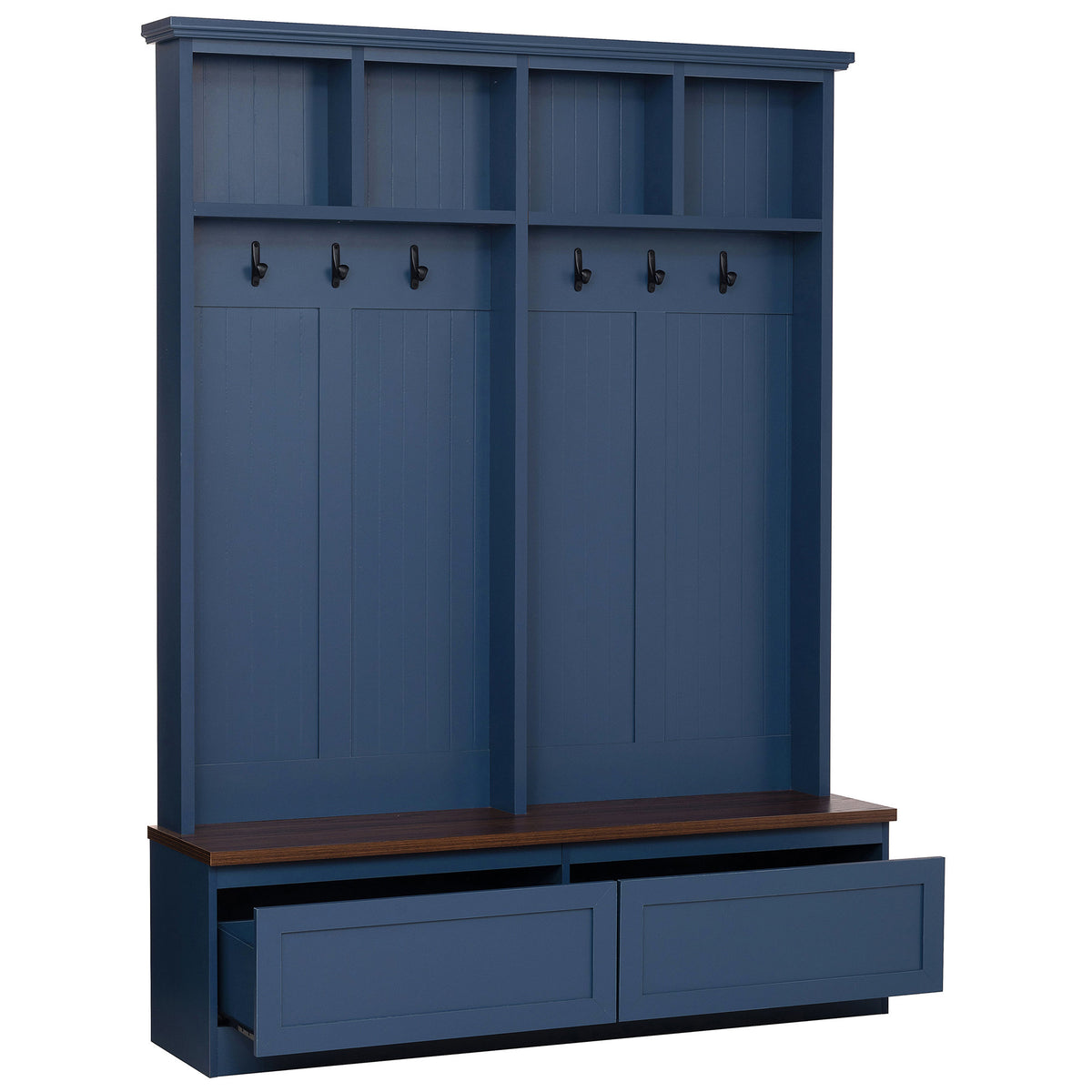 Farmhouse 4-in-1 Hall Tree with Wood Grain Bench, Mudroom Versatile Coat Rack with 2 Large Drawer, Entrance Organizer, Blue, 55.9" W