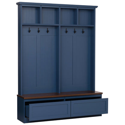 Farmhouse 4-in-1 Hall Tree with Wood Grain Bench, Mudroom Versatile Coat Rack with 2 Large Drawer, Entrance Organizer, Blue, 55.9" W