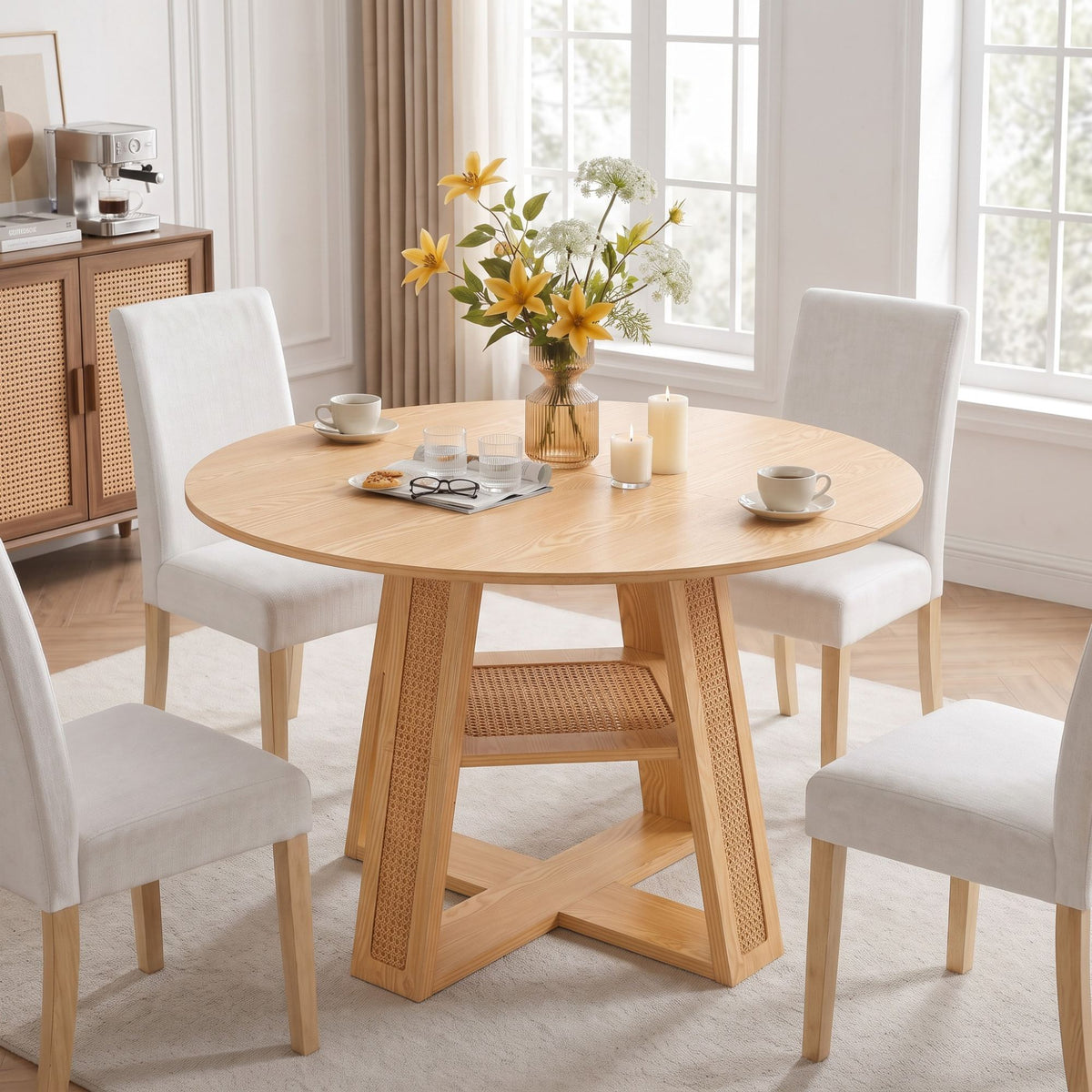 43.3'-59.05' Extendable Round Dining Table for 4-6, Round-to-Oval Kitchen Table with Removable Extension Leaf, Cross-Shaped Base and Storage Shelf, Natural