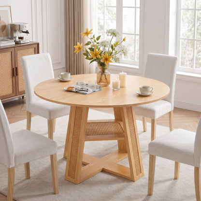 43.3'-59.05' Extendable Round Dining Table for 4-6, Round-to-Oval Kitchen Table with Removable Extension Leaf, Cross-Shaped Base and Storage Shelf, Natural