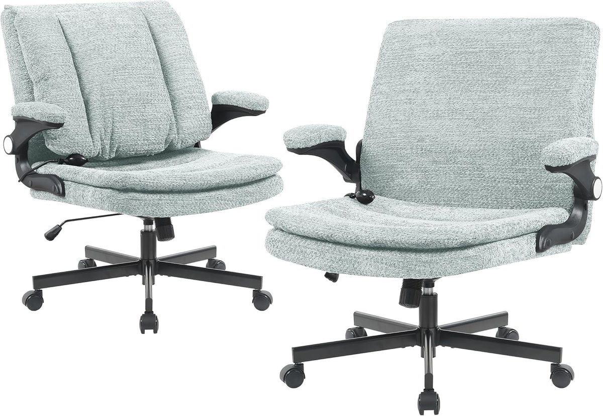 Criss Cross Legged Office Chair with Flip-Up Back Built-In Dynamic Airbag Lumbar Support, Wide Seat Desk Chair with Flip-Up Arms and Wheels, Modern Cross-Leg Chair for Home Office, Vanity, Light Green