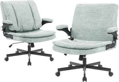 Criss Cross Legged Office Chair with Flip-Up Back Built-In Dynamic Airbag Lumbar Support, Wide Seat Desk Chair with Flip-Up Arms and Wheels, Modern Cross-Leg Chair for Home Office, Vanity, Light Green