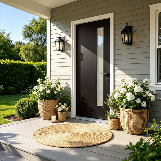 36'x80' Fiberglass Front Door with White 4-9/16' PVC Frame,Left-Hand Inswing Exterior Door with Brickmould,Contemporary minimalist smooth skin with frosted glass for Home Entrance, Black