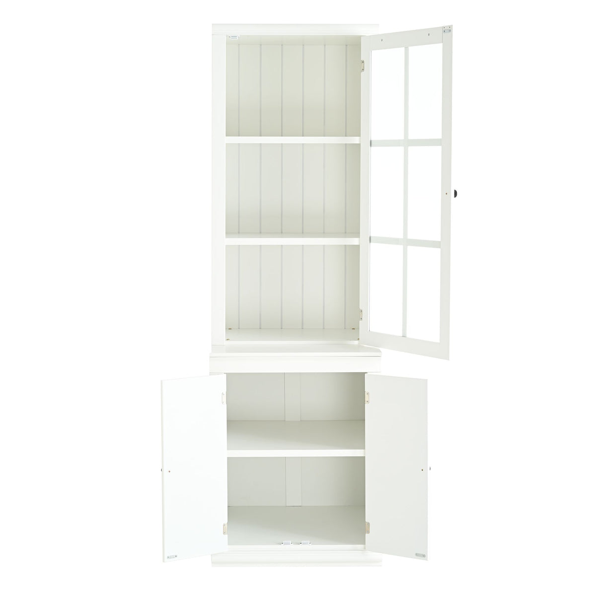 75.25'' Tall Freestanding Pantry Cabinet with Glass Door & Lattice Window, Farmhouse Display Cabinets with Storage, Hutch with Double-Action LH&RH Door, for Hallways, Livingroom Kitchen & Office,White