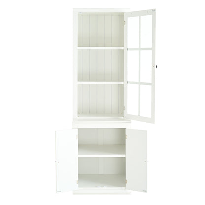 75.25'' Tall Freestanding Pantry Cabinet with Glass Door & Lattice Window, Farmhouse Display Cabinets with Storage, Hutch with Double-Action LH&RH Door, for Hallways, Livingroom Kitchen & Office,White