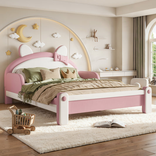 Full Cute Cat Shaped Upholstered Kids Platform Bed, Princess Style Low Profile Children Bed Frame for Bedroom,white&Pink