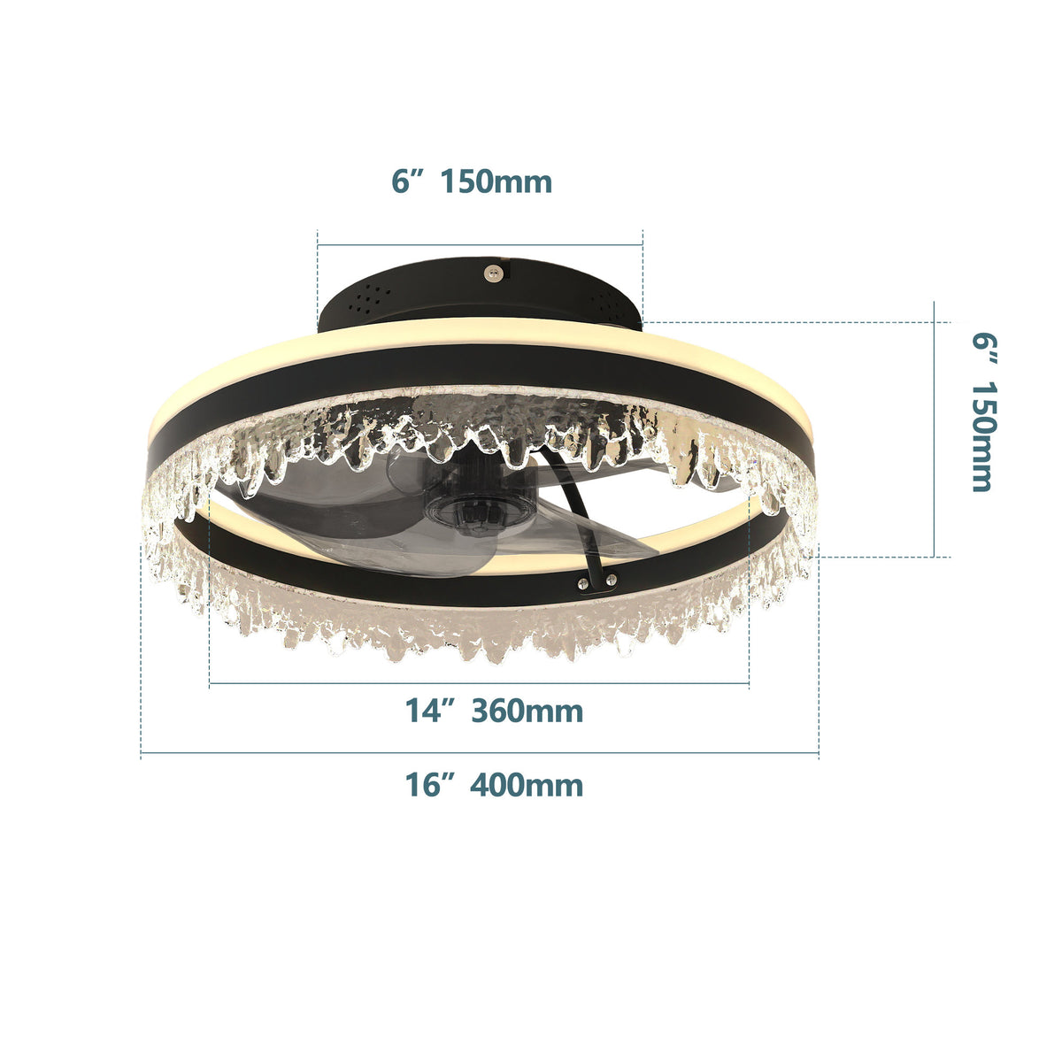Modern LED Ceiling Fan with Light - 16'' Dimmable Ceiling Light with Invisible Blades and Crystal Design