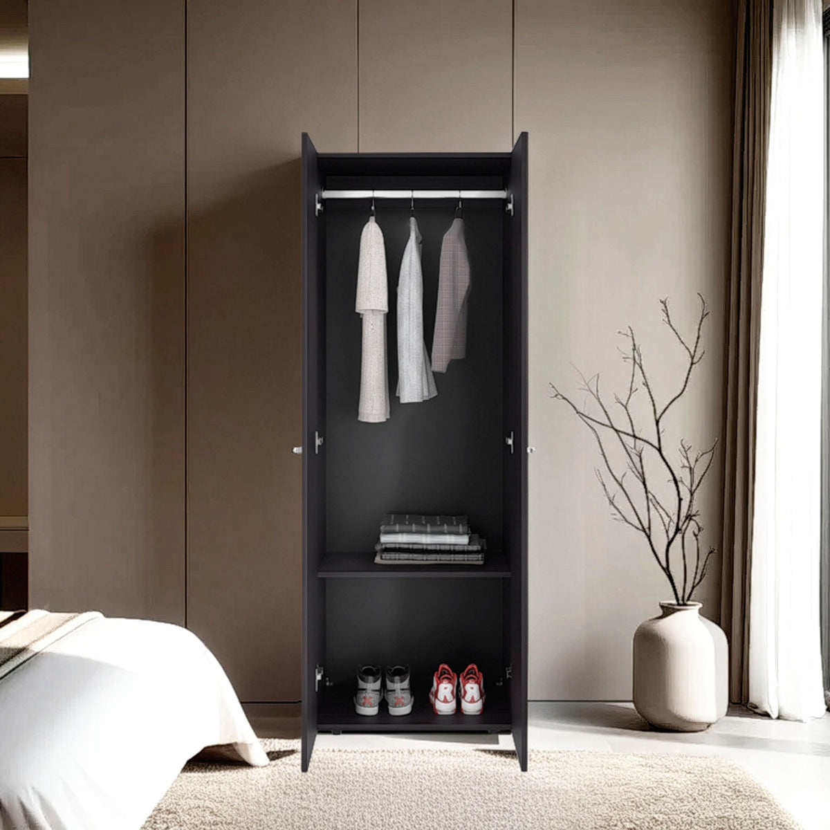 FM FURNITURE Basin  2-Door Tall Wardrobe Cabinet 66.9"H,  Bedroom, Wenge