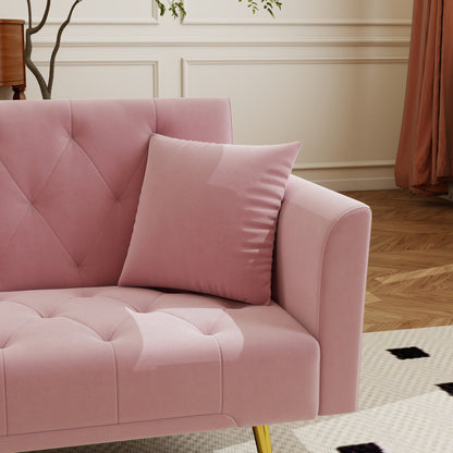 Modern convertible 72 inch foldable sleeper sofa with tufted, American retro style, made of pink velvet material, suitable for small living rooms, bedrooms and offices. pink color