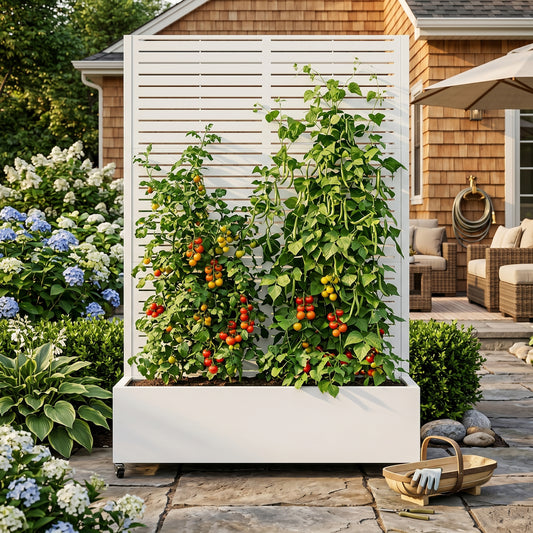 Metal Planter Box with Trellis,  73"x47"x16" Metal Raised Garden Bed with Trellis, Metal Planter Box with Drainage Holes & Lockable Wheels & Privacy Screen for Climbing Plants, Vegetables, Vines
