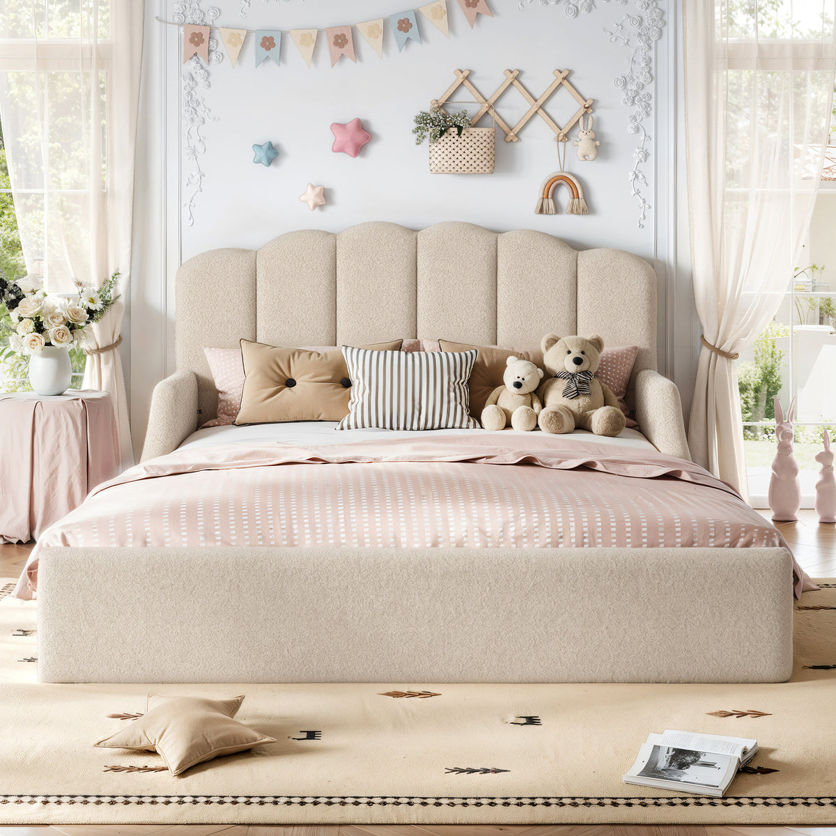 Queen Teddy Fabric Upholstered Floor bed, Stylish Upholstered Kids bed, Low Profile Children Bed Frame, Soft Plush Upholstered Floor bed for Kids &Teens.Beige