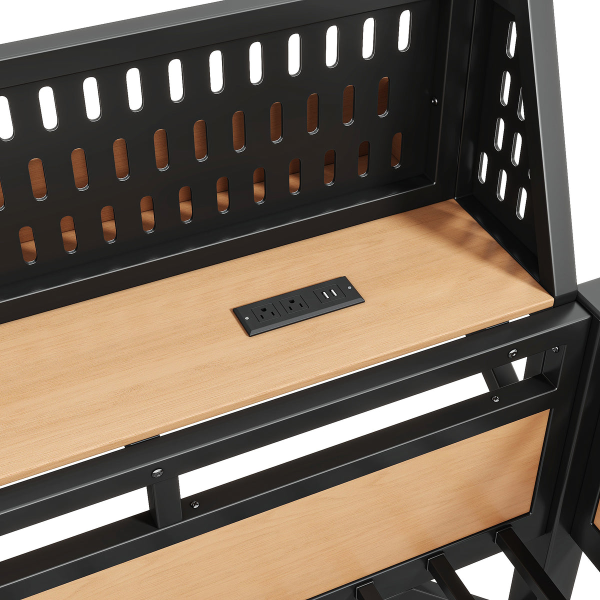 Twin XL size Loft Bed Frame with Storage Shelves and Pegboard, Metal Loft Bed with USB Ports and LED Lights, Safe and Sturdy, Natural