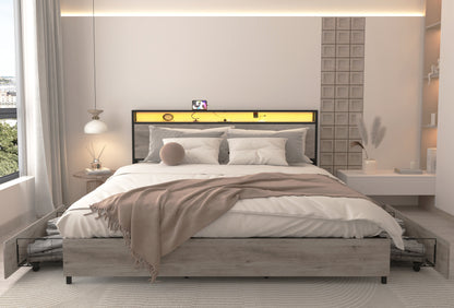 King Bed Frame, Storage Headboard with Charging Station, Solid and Stable, Noise Free, No Box Spring Needed, Easy Assembly