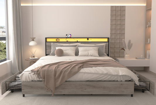King Bed Frame, Storage Headboard with Charging Station, Solid and Stable, Noise Free, No Box Spring Needed, Easy Assembly