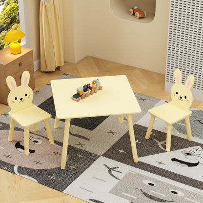 Kids Table and Chair Set with 2 Bunny Chairs, Children's Wooden Activity Table for Toddlers, Cute Animal Design Study Play Set