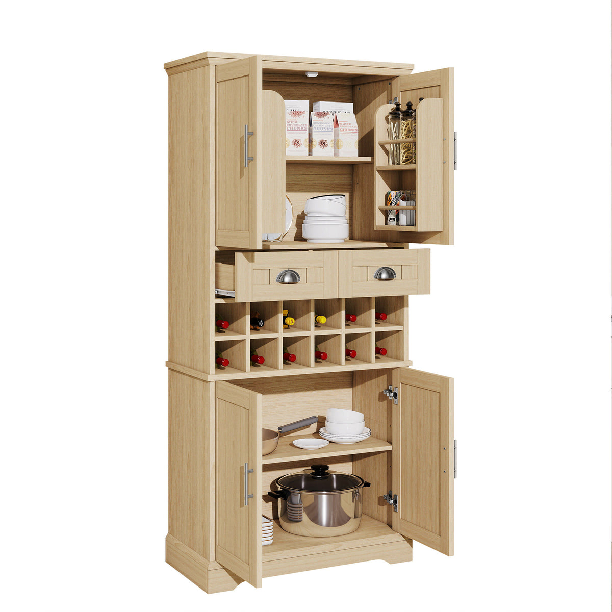 70.9" Tall Farmhouse Wine Storage Cabinet, Removable 12-Bottle Wine Rack, 2 Spacious Drawers, 4 Door Shelves, Adjustable Shelves & 2-Tier Storage Cabinets for Kitchen, Dining Room,Natural