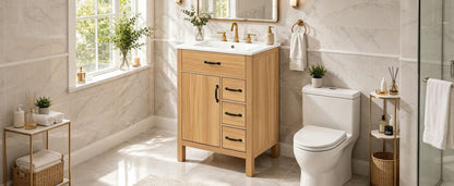 24 Inch Modern Traditional Bathroom Vanity with Ceramic Sink, MDF Cabinet & Solid Wood Legs, Black Zinc Alloy Handles, Wood Grain Melamine Finish
