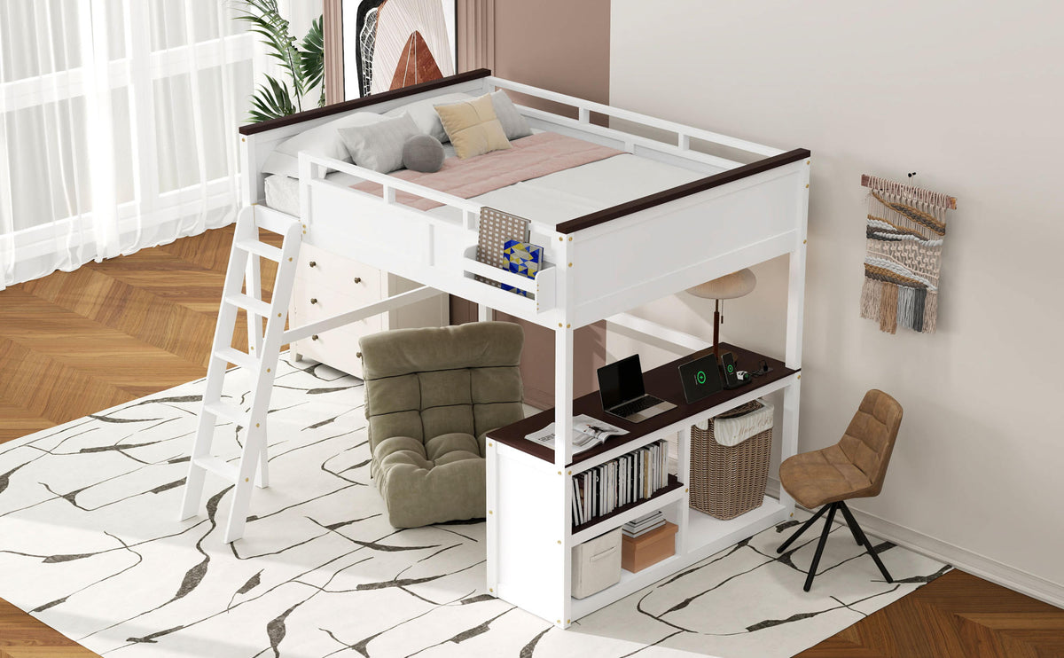 White Queen Size Loft Bed with Desk, Open Shelf, Storage Box and USB Charging Station, Pine+MDF