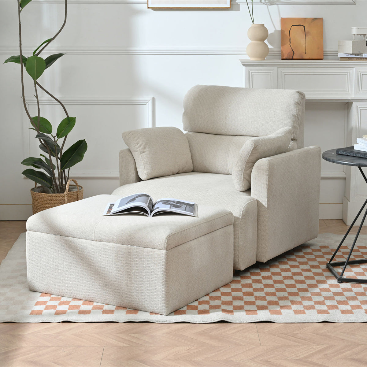 Oversized Chair w/Storage Ottoman, Wide Accent Armchair Chair for Living Room, Modern Lounge Chair, Upholstered Mid-Century Reading Chair, Comfy Living Room Chair, Deep Seat Sofa Couch(Beige Gray)