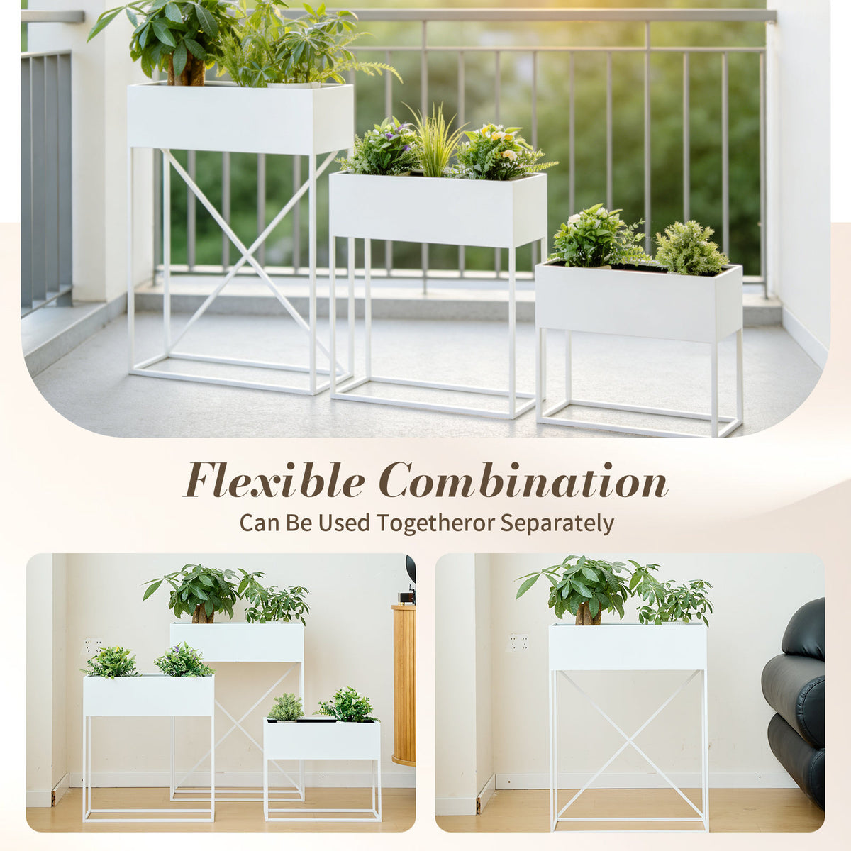 3‑Pack Pre‑Assembled Metal Raised Garden Bed Planter Stand with Non‑Woven Liner, UV‑Resistant Coated Elevated Flower Herb Planter Box, Rectangular Plant Holder for Patio Balcony Backyard Indoor Outdoo