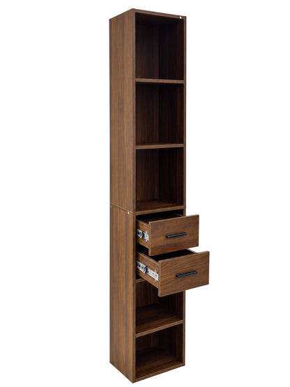 Tall Narrow Bookshelf, Slim Floor-Standing Storage Cabinet with 2 Drawers & 5 Open Shelves, Display cabinet for Living Room, Bedroom, Bathroom