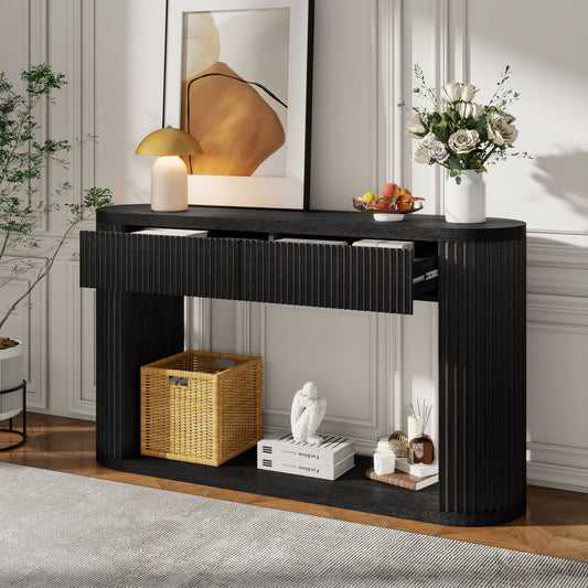 TREXM  Oval Fluted Console Table with 2 Drawers and Bottom Shelf, Wood Entryway Table with Smooth Metal Slides for Living Room, Entryway (Black)