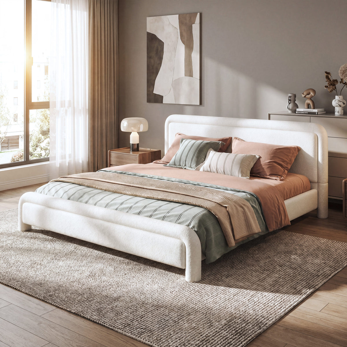 Modern White Boucle Upholstered King Size Platform Bed Frame with Curved Headboard, Wood Slats Support, No Box Spring Needed, Easy Assembly