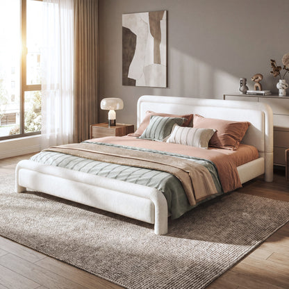 Modern White Boucle Upholstered King Size Platform Bed Frame with Curved Headboard, Wood Slats Support, No Box Spring Needed, Easy Assembly