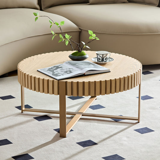 Modern Handcraft Drum Coffee Table 31.5 inch Round Coffee Table, Small Coffee Table with Sturdy Pedestal, Natural Ash