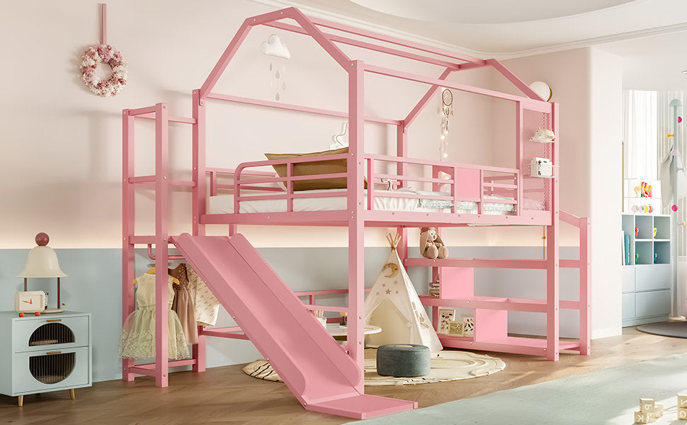 Full House Loft bed with Slide and Stairs, Metal Playhouse Bed with Storage Shelves, House-shaped Roof and Noise-free Design, Pink