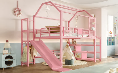 Full House Loft bed with Slide and Stairs, Metal Playhouse Bed with Storage Shelves, House-shaped Roof and Noise-free Design, Pink