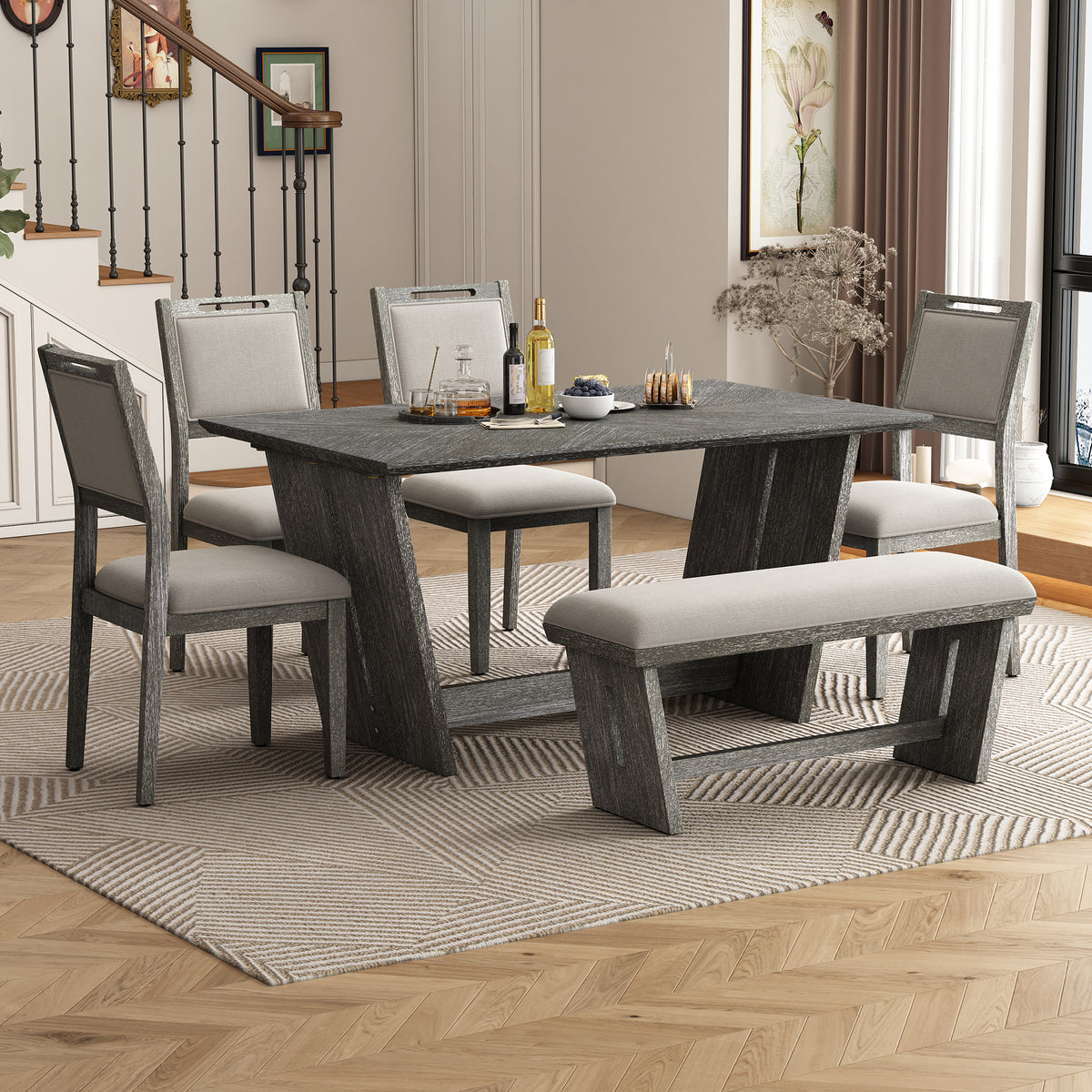 TREXM 6-Piece Retro Dining Table Set for 6, 60" Wood Kitchen Table and Chairs Set of 4 with Bench Designed Trestle Base - Gray – 102.3 Lbs