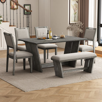 TREXM 6-Piece Retro Dining Table Set for 6, 60" Wood Kitchen Table and Chairs Set of 4 with Bench Designed Trestle Base - Gray – 102.3 Lbs