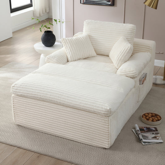 Chaise Lounge Chair Indoor, Oversized Boneless Couch,No Assembly, Wide Armrests, Dual-Layer Cushion, Cloud Reading Chair for Living Room Bedroom Apartment, Corduroy White