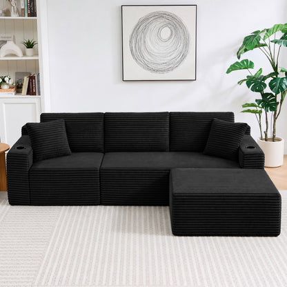 L-Shaped Sectional Sofa with Ottoman, Corduroy 3-Seat Couch for Living Room