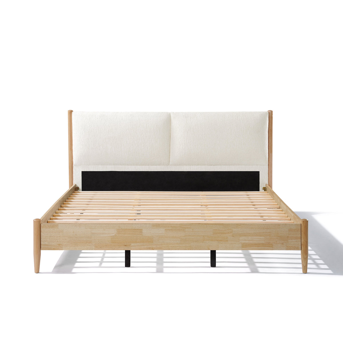 King Natural wood  Bed Frame with White Cozy Upholstered Headboard