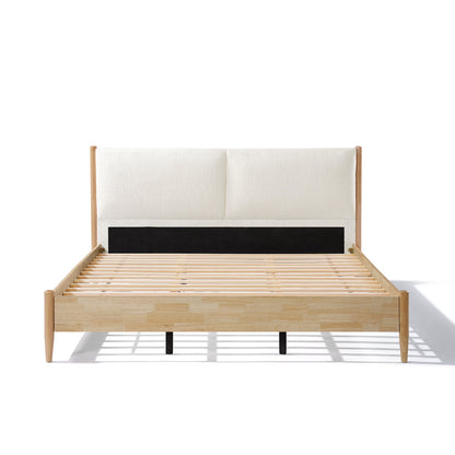 King Natural wood  Bed Frame with White Cozy Upholstered Headboard