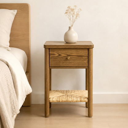 Walnut Ainsley Nightstand Side End Table with Rounded Edge Tabletop, Solid Wood Round Legs, Woven Jute Storage Shelf & Drawer, for Bedroom Living Room