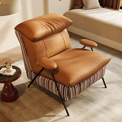 Minimalist casual single chair with solid wood frame, upholstered in leather and chenille fabric. It provides perfectly balanced soft-firm seating comfort and fits balconies, living rooms and bedrooms