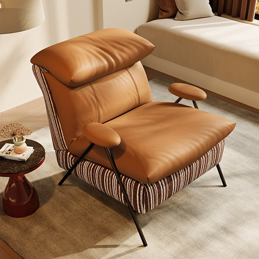Minimalist casual single chair with solid wood frame, upholstered in leather and chenille fabric. It provides perfectly balanced soft-firm seating comfort and fits balconies, living rooms and bedrooms