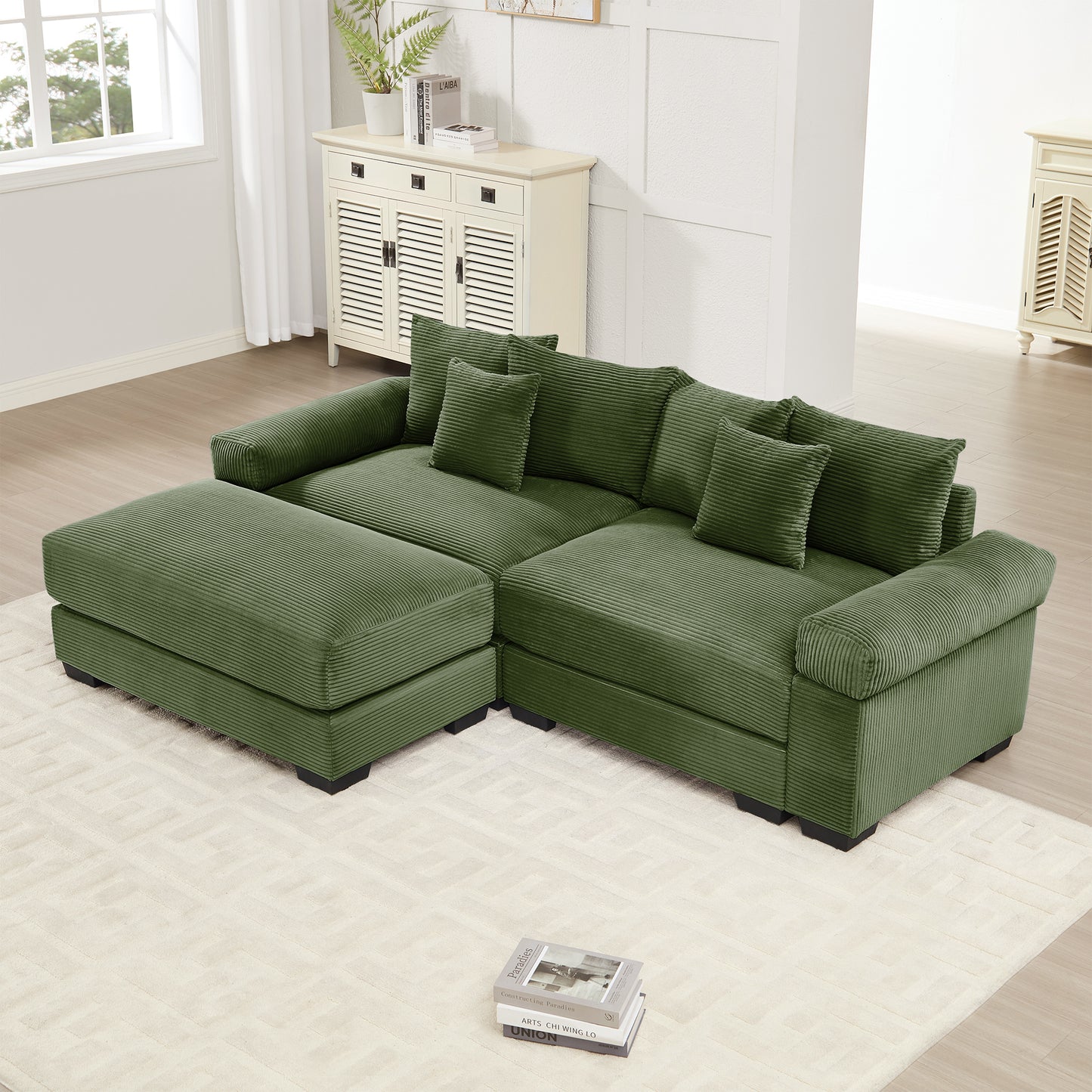 92'  Oversized Cloud Modular L-Shape Sectional Couch, Soft Corduroy Fabric, with Chaise, Deep Seat Wide Armrests, Ergonomic Design, 6 Throw Pillows, Easy Assembly, for Living Rooms, Lounges,Green