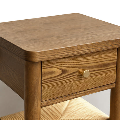 Walnut Ainsley Nightstand Side End Table with Rounded Edge Tabletop, Solid Wood Round Legs, Woven Jute Storage Shelf & Drawer, for Bedroom Living Room