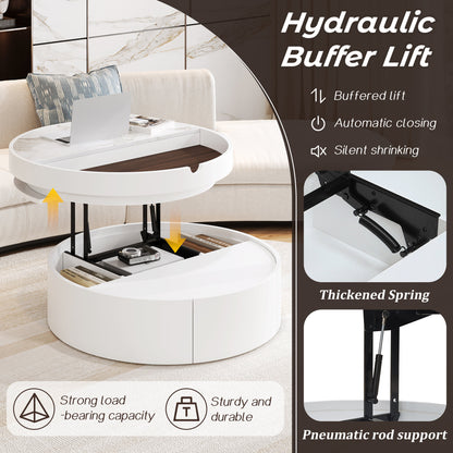 White Round Lift Coffee Table with 1 Drawer in 29.5', Marble Veneer and Wood Grain Tabletop