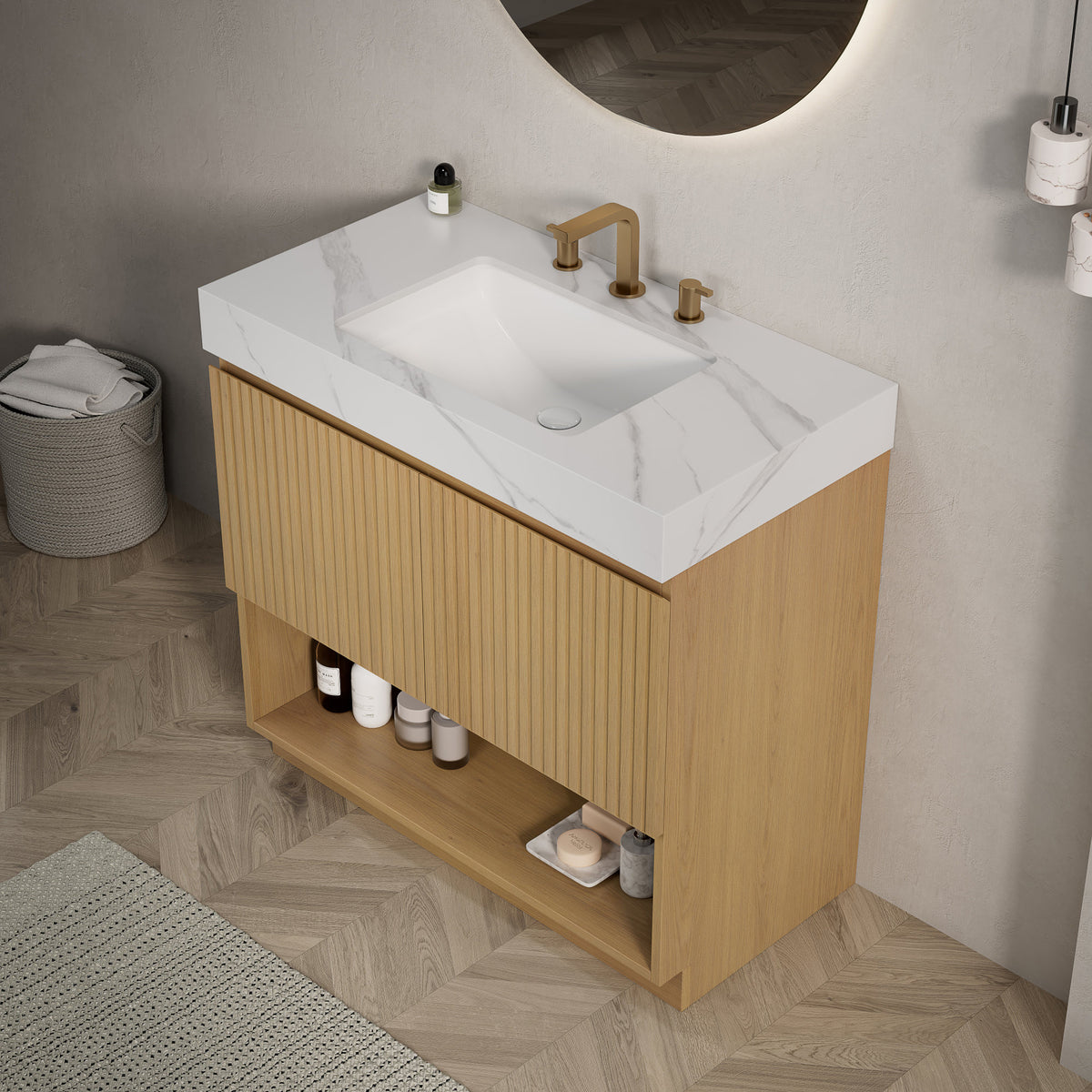 FINO 36" Bathroom Vanity&Sink,Freestanding Cabinet,Carrara White  Sintered Stone Top&Ceramic Basin with 3 Pre-drilled Faucet Holes, Disassembled, Faucet & Drain Excluded, Corolla Oak Woodgrain Color