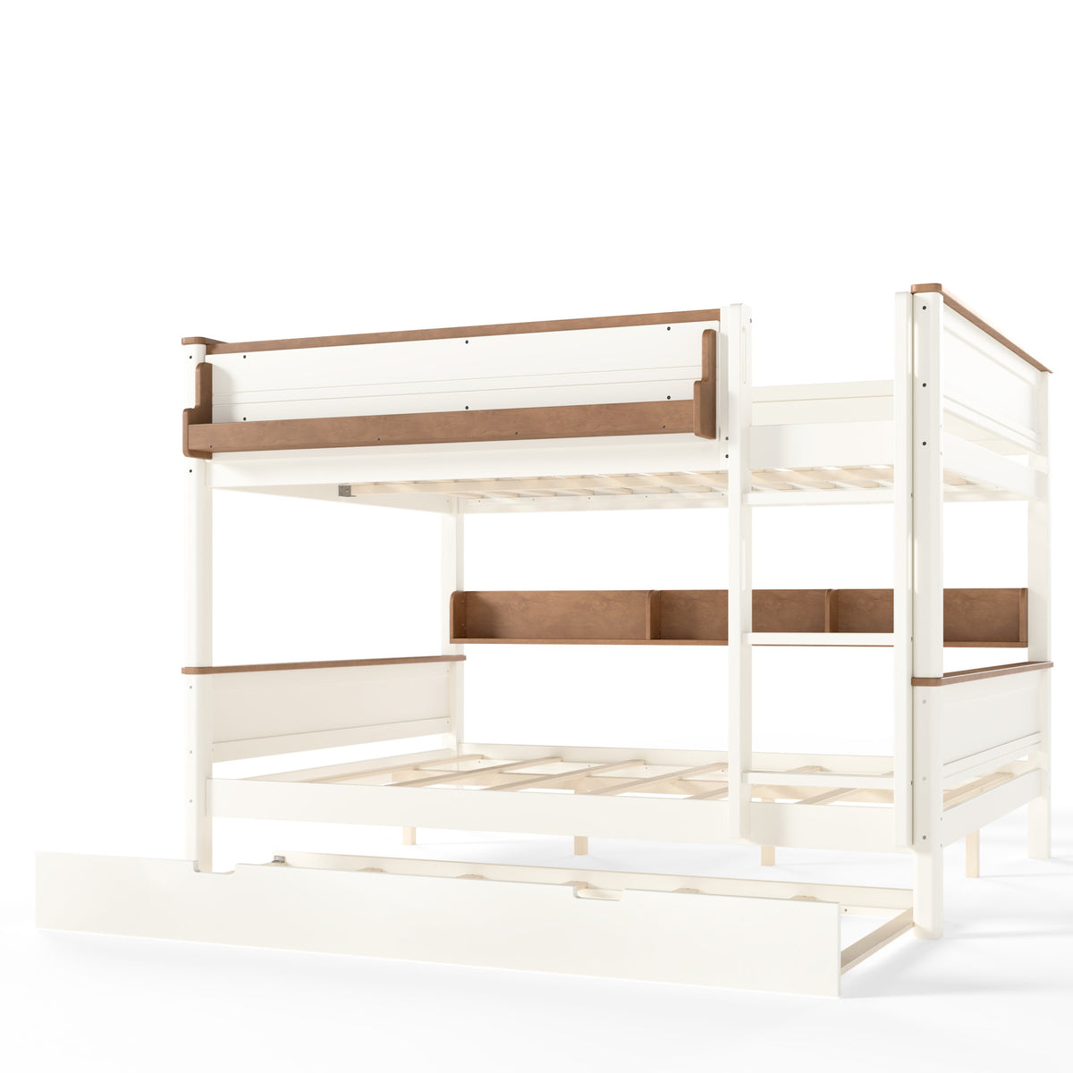 Queen over Queen Wood Bunk Bed with Pull-out Trundle Bed, Side Storage Shelf, Detachable Bunk Bed Frame, Convertible Into 2 Separate Beds for Kids Teens Adults, Beige&Natural