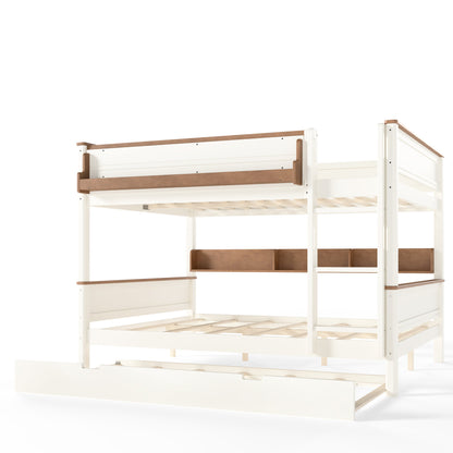 Queen over Queen Wood Bunk Bed with Pull-out Trundle Bed, Side Storage Shelf, Detachable Bunk Bed Frame, Convertible Into 2 Separate Beds for Kids Teens Adults, Beige&Natural