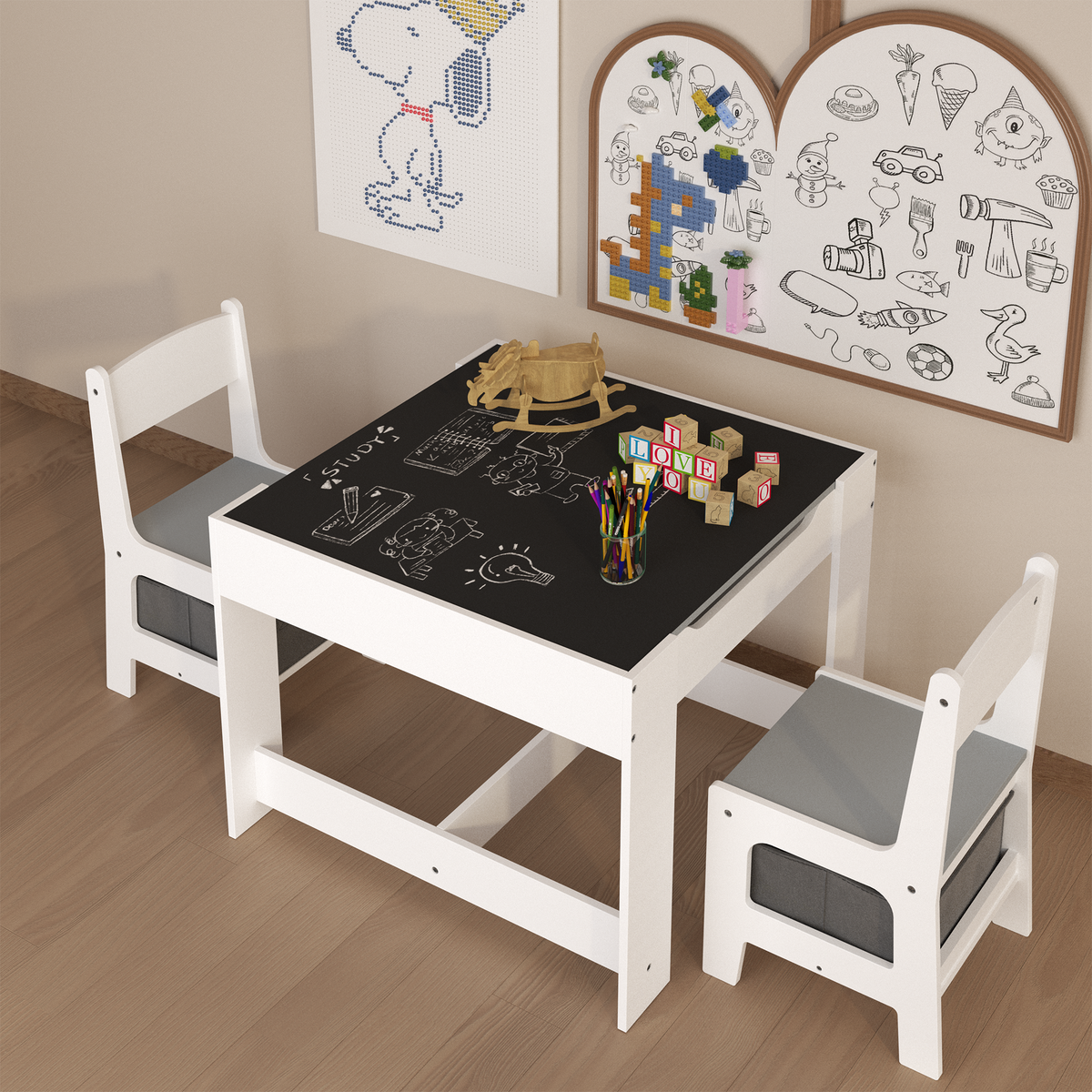 Kids Table and Chair Set, 3-in-1 Wooden Activity Table with Storage Drawer for Toddlers Drawing, Reading, Crafts, 2-in-1 Detachable Top in White+Gray MDF